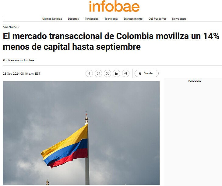 El mercado transaccional de Colombia moviliza un 14% menos de capital hasta septiembre